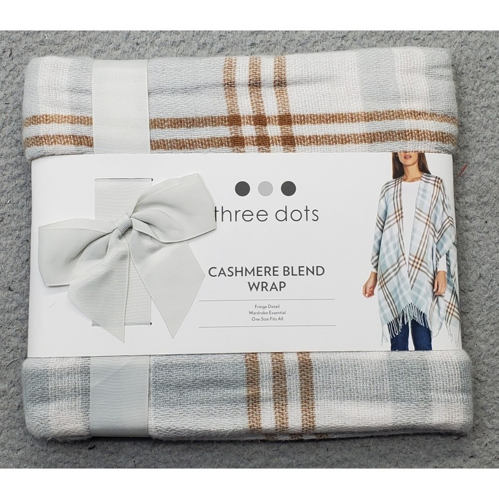 Three Dots Cashmere Blend Cardigan Wrap Women One Size Multi Plaid Fringe Detail
